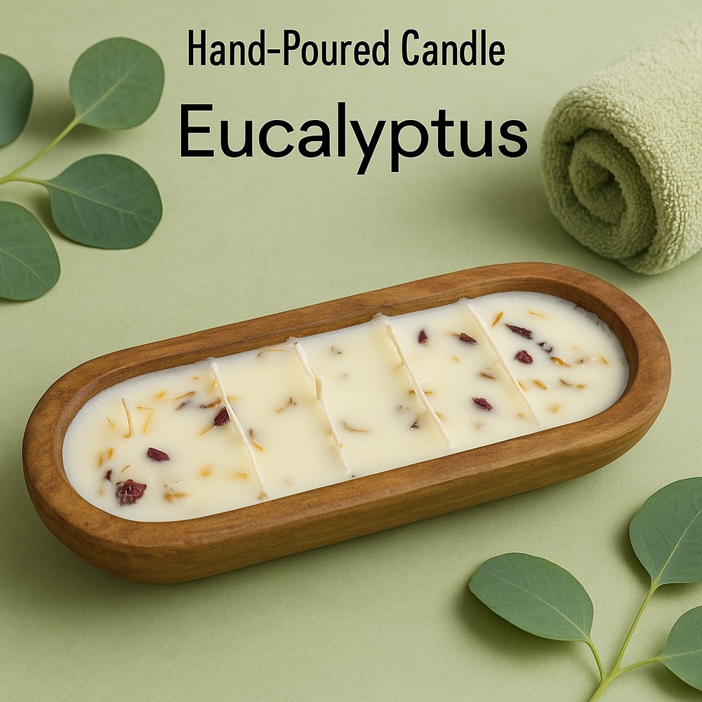 Hand-Poured Eucalyptus Dough Bowl Candle | 5-Wick | Reusable Wooden bowl